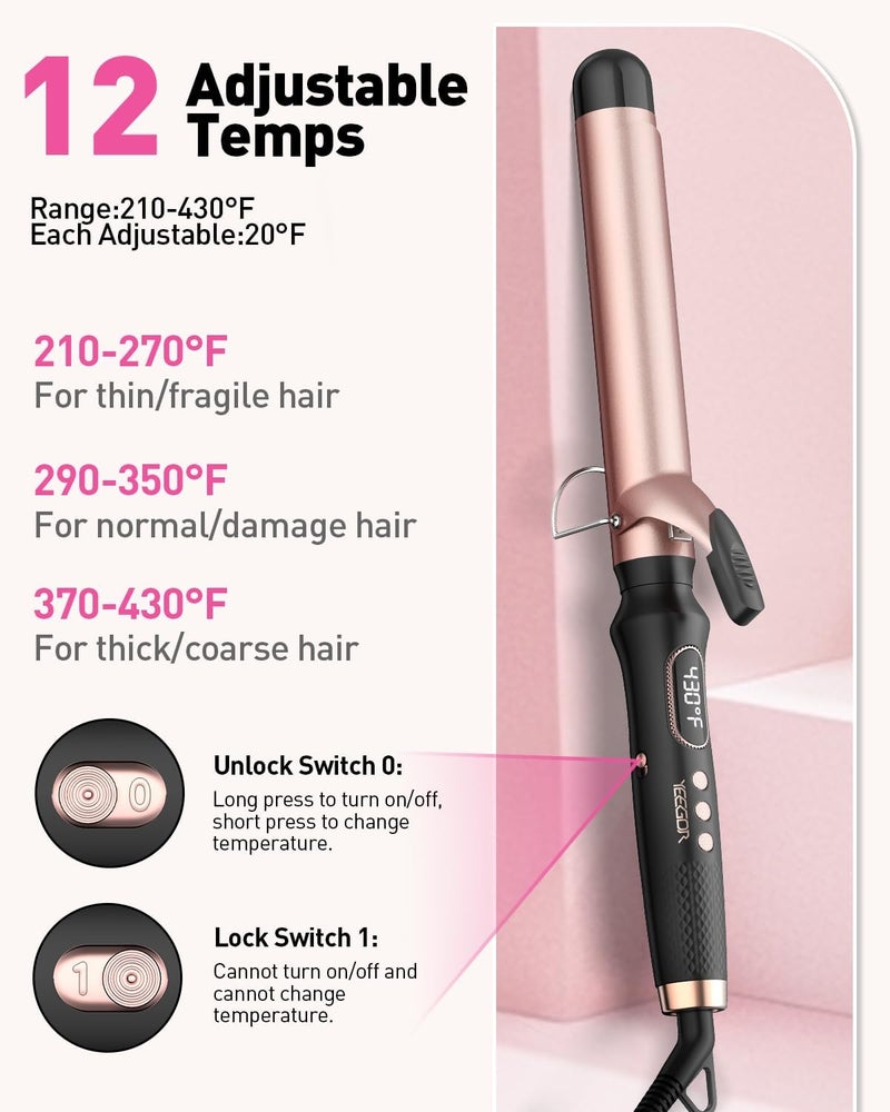Yeegor 1 1/4 inch Curling Iron,Extra Long Barrel Culing Wannd,100-240V Dual Voltage Hair Curler for Big Wave Curls,12 Temps - Image 3